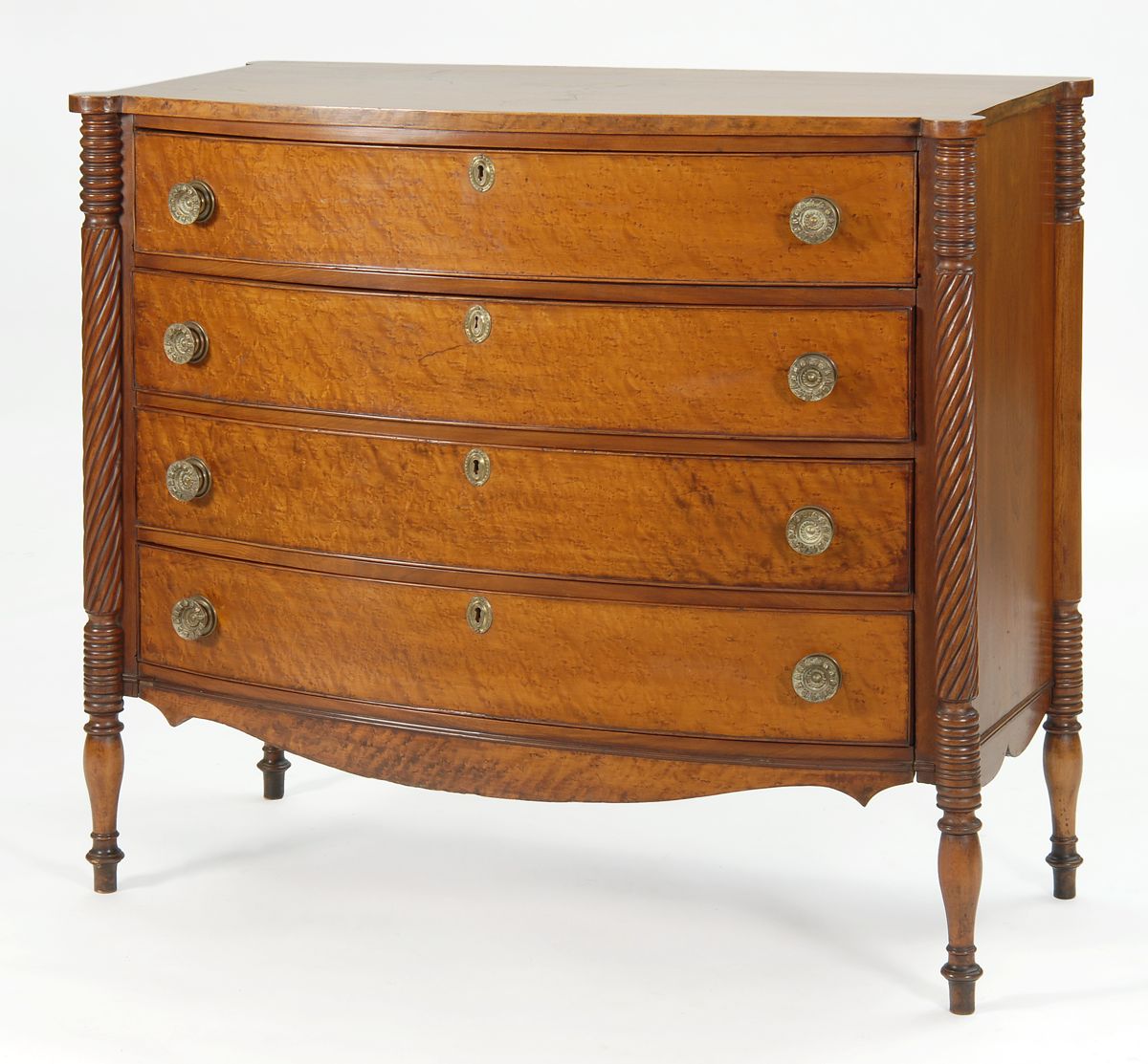 Appraisal: ANTIQUE SHERATON FOUR-DRAWER BOWFRONT CHEST Circa With bird's-eye maple drawer