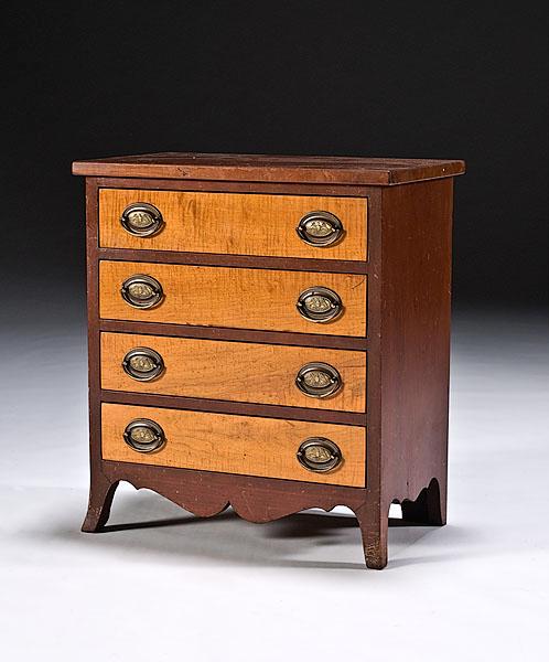 Appraisal: CHERRY AND CURLY MAPLE MINIATURE HEPPLEWHITE-STYLE CHEST American th century