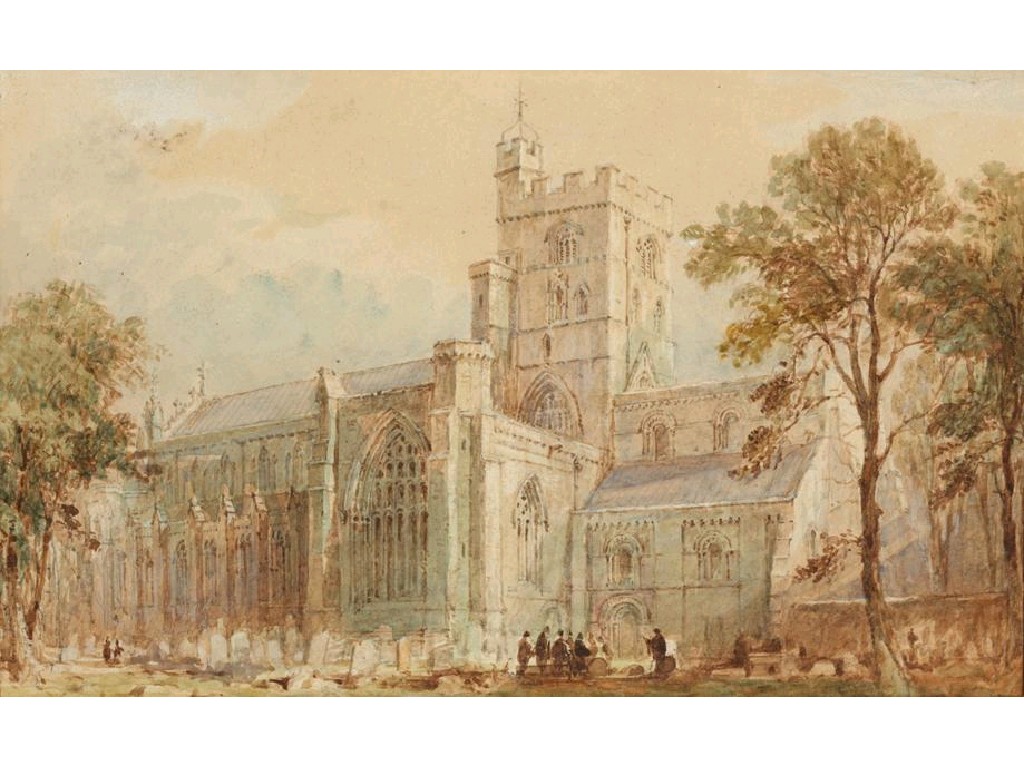 Appraisal: ENGLISH SCHOOL A cathedral with figures in the foreground watercolour