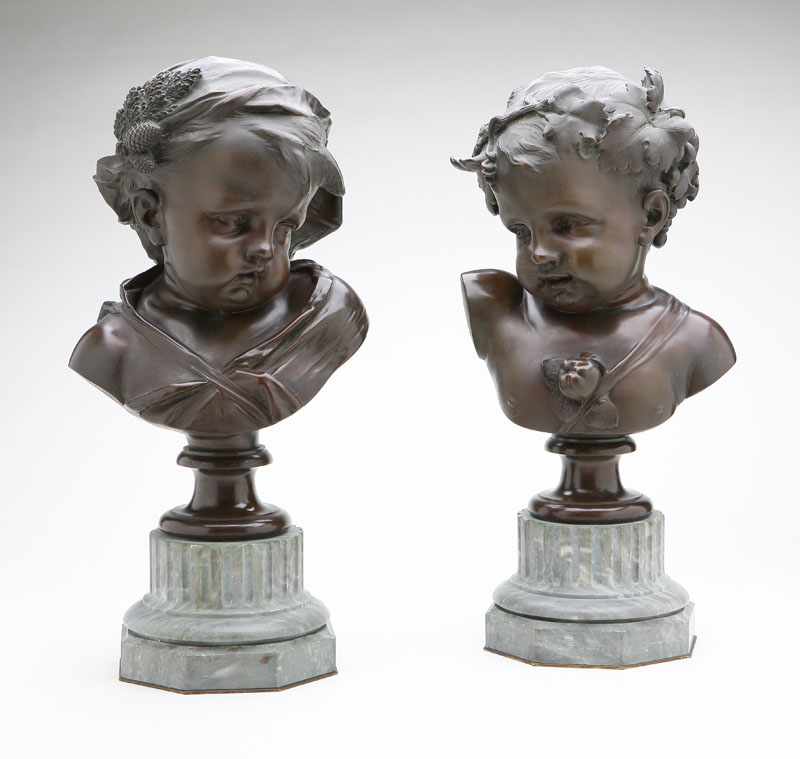 Appraisal: After Jean Baptiste Lebroc patinated bronze busts of allegorical putti