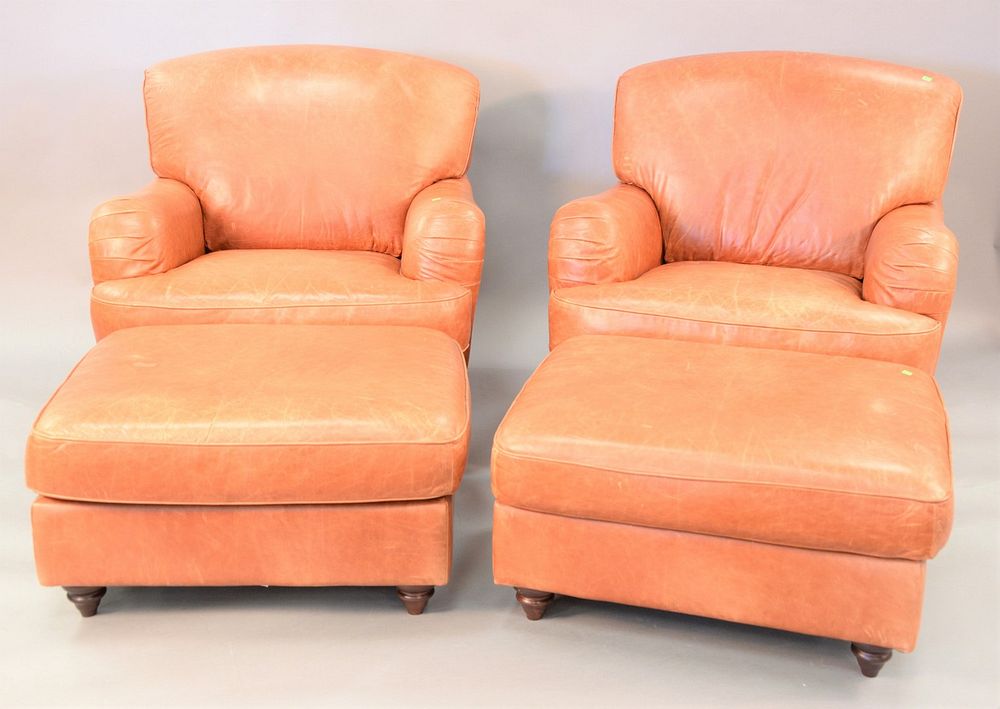 Appraisal: Pair of brown leather easy chairs and ottomans ht wd