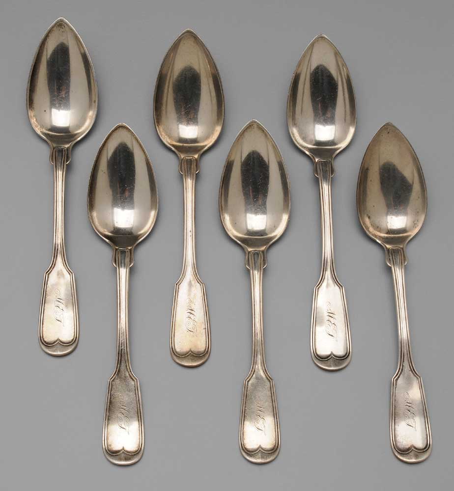 Appraisal: Six Virginia Coin Silver Spoons American fiddle and thread handle