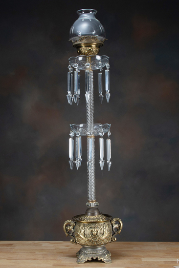 Appraisal: Vintage brass and glass Banquet Lamp with crystal prisms mounted