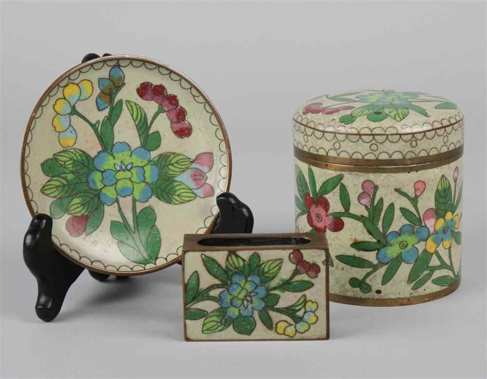 Appraisal: CLOISONNE ENAMEL SMOKING SET each decorated with flowers on a