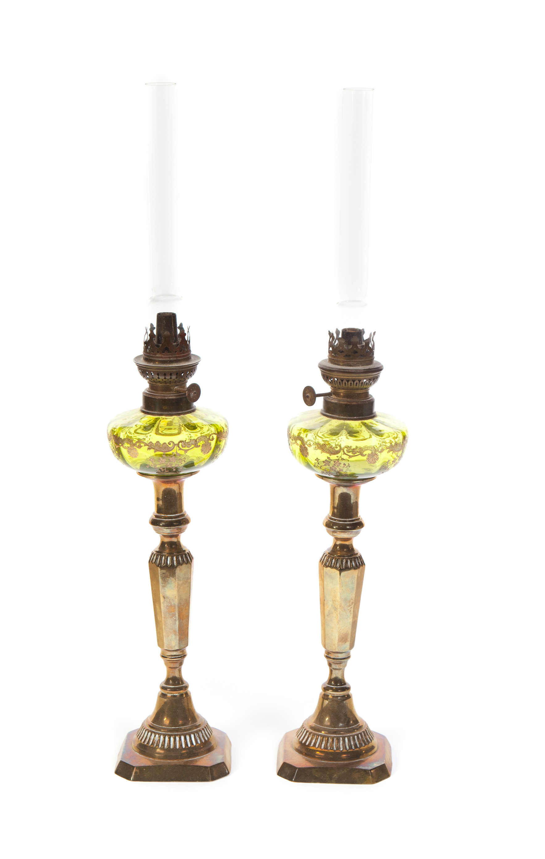 Appraisal: PAIR OF GREEN ENAMELED PEG LAMPS European late th century