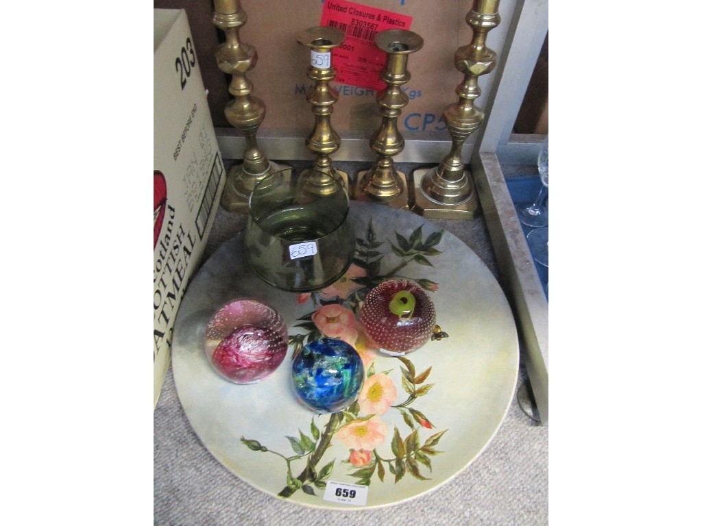 Appraisal: Lot comprising brass candlesticks charger and glass pieces