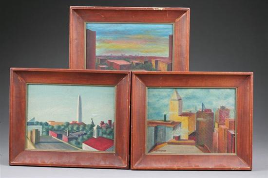 Appraisal: THREE OIL ON BOARD Similar cityscapes h w In identical