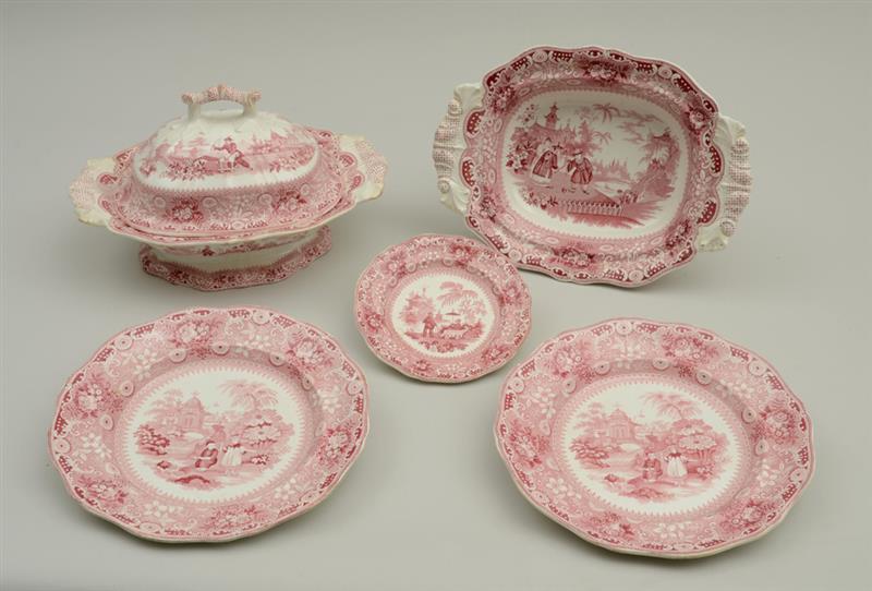 Appraisal: GROUP OF FIVE STAFFORDSHIRE RED TRANSFER-PRINTED ARTICLES IN THE CHINESE