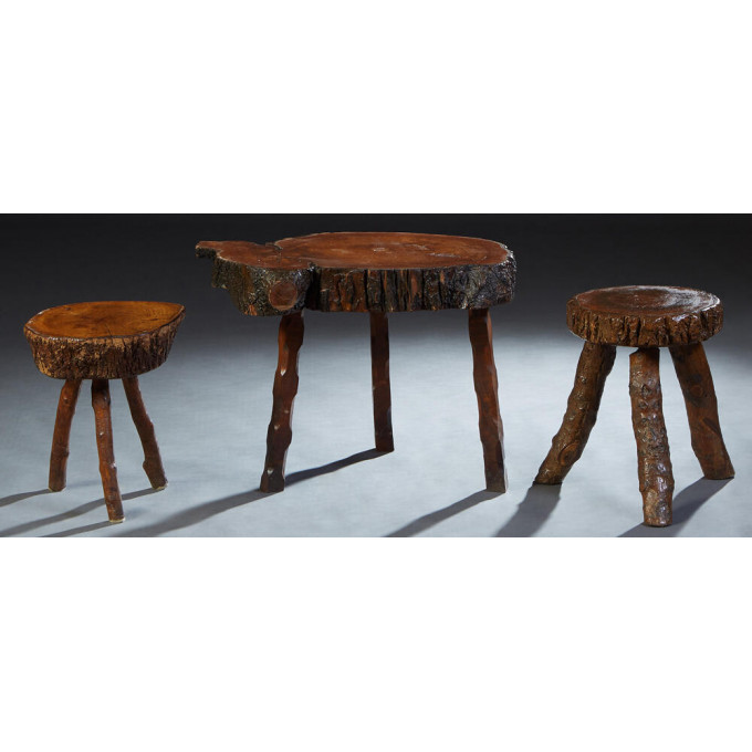 Appraisal: French Provincial Rustic Oak Coffee Table and Two Matching Stools