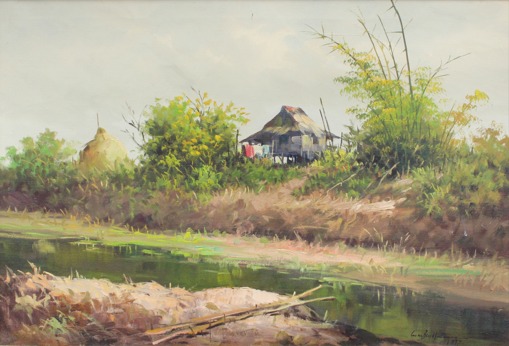 Appraisal: BUENAVENTURA Cesar Filipino - Riverside Landscape with Huts Oil Canvas