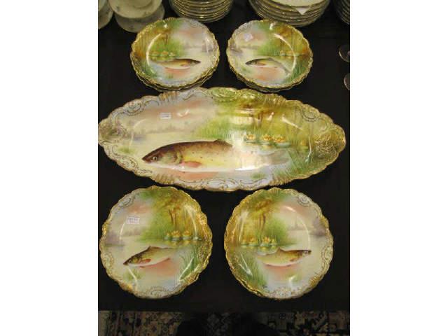 Appraisal: pc Limoges Handpainted Porcelain Fish Set platter measures x with