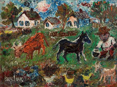 Appraisal: DAVID BURLIUK Farm Scene Red Cow and Blue Horse Oil