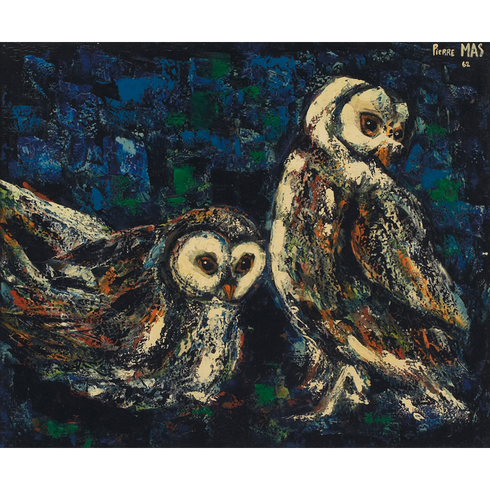 Appraisal: Pierre Mas French b Owls oil on canvas x signed