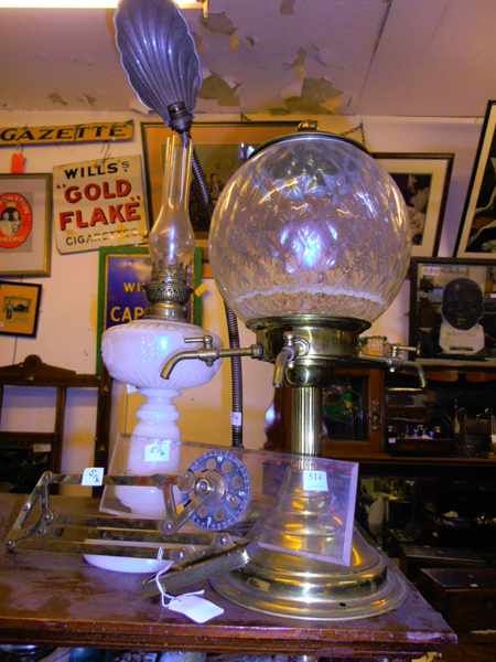 Appraisal: TWO BRASS LAMPS AND ONE GLASS LAMP