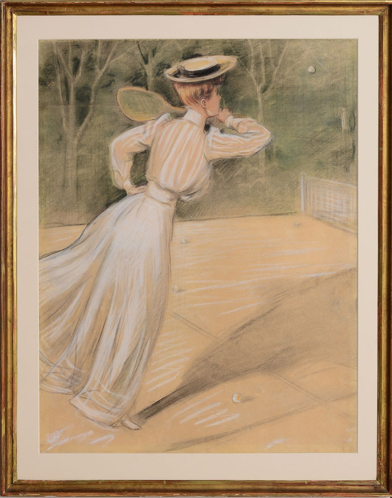 Appraisal: FRENCH SCHOOL WOMAN WITH A RAQUET Pastel and charcoal on