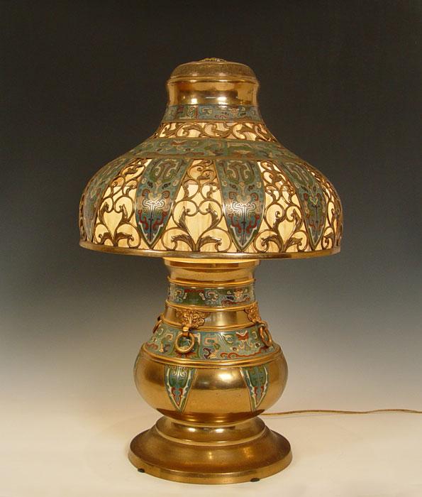 Appraisal: LARGE CHINESE BRASS CHAMPLEVE LAMP Champleve base and shade The