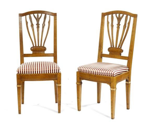 Appraisal: PAIR OF CHAIRS Biedermeier Walnut Upholstered seat on square tapering