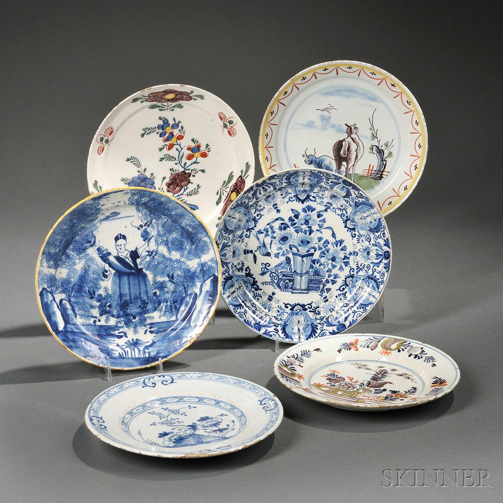 Appraisal: Six Dutch Delft Plates th century three polychrome one with