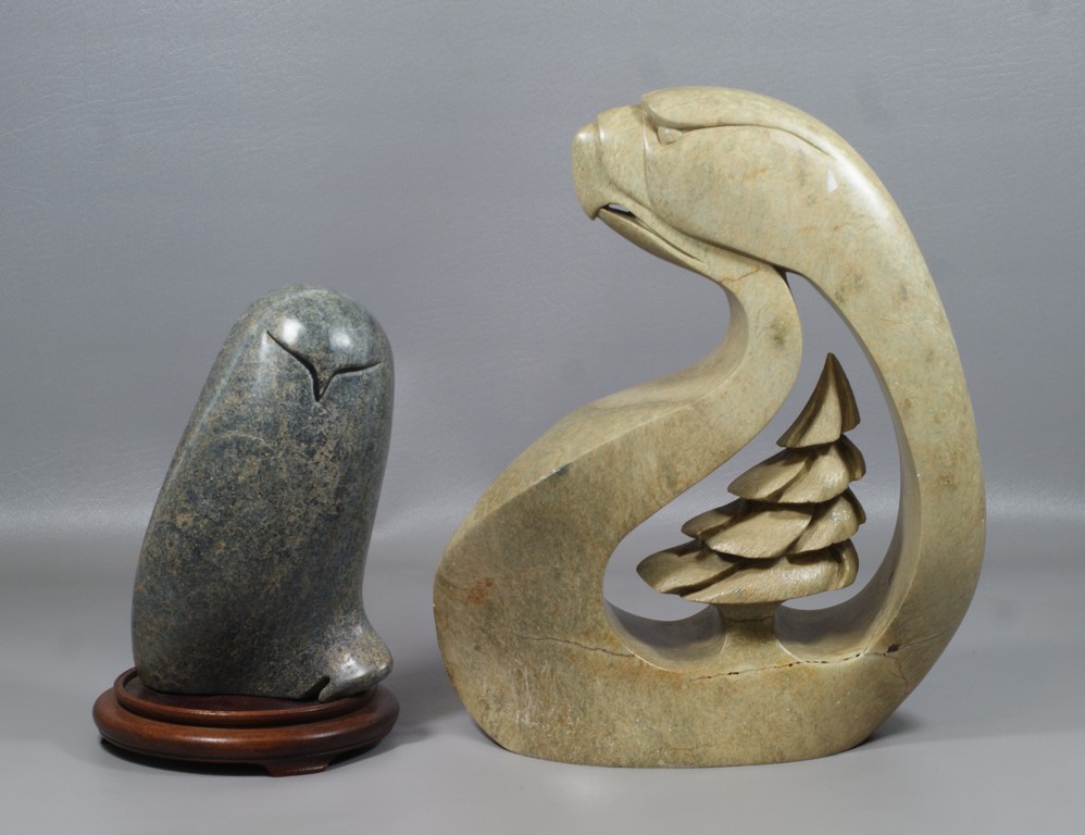 Appraisal: Canadian Carved Stone Stylized Bird Sculptures larger signed Ben Henry