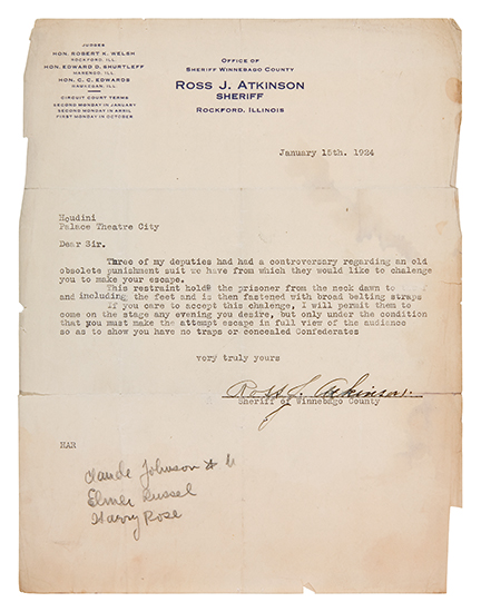 Appraisal: HOUDINI HARRY Typed Challenge Signed by the Sheriff of Winnebago