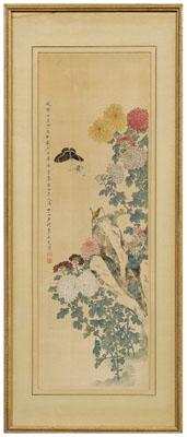 Appraisal: Chinese wall scroll ink and color on silk butterflies chrysanthemums