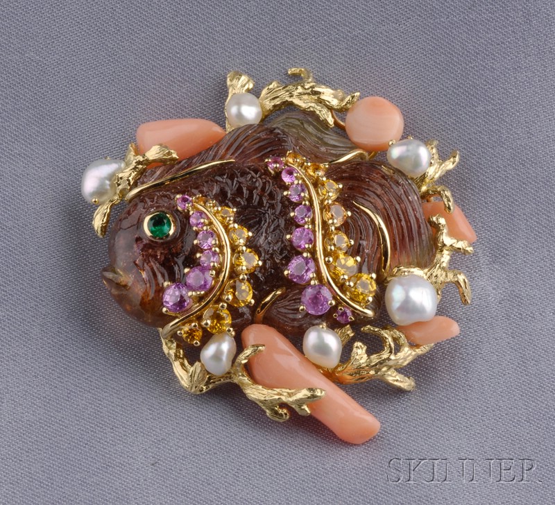 Appraisal: kt Gold and Carved Watermelon Tourmaline Gem-set Tropical Fish Brooch