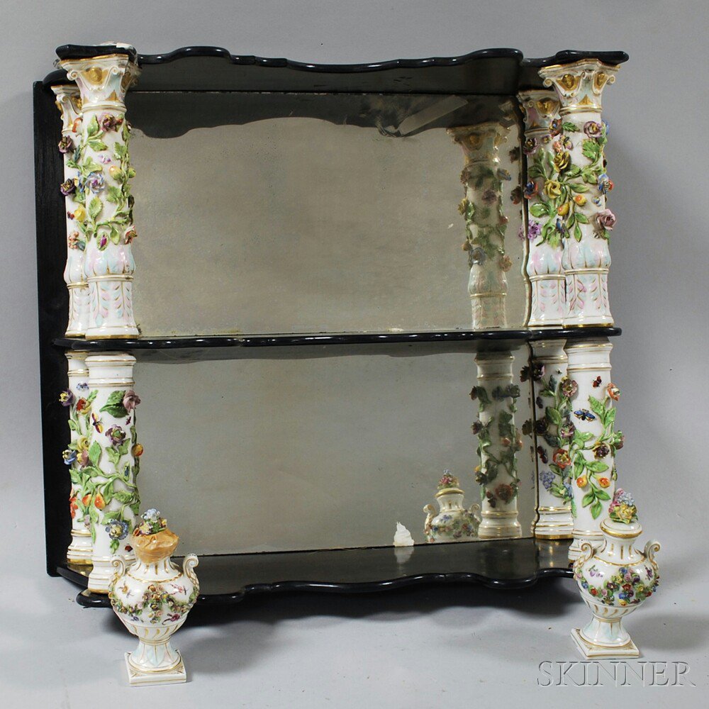 Appraisal: Porcelain and Wood Two-tier Mirrored Wall Shelf Europe th century