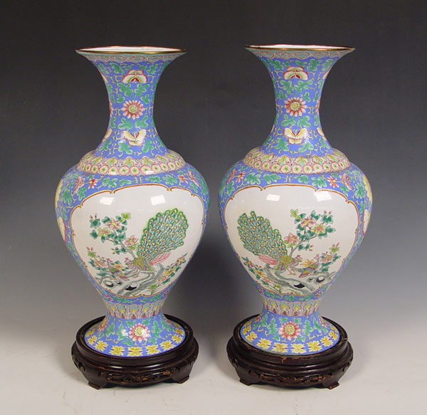 Appraisal: LARGE PAIR CHINESE PEKING ENAMEL VASES ON STANDS Republic period