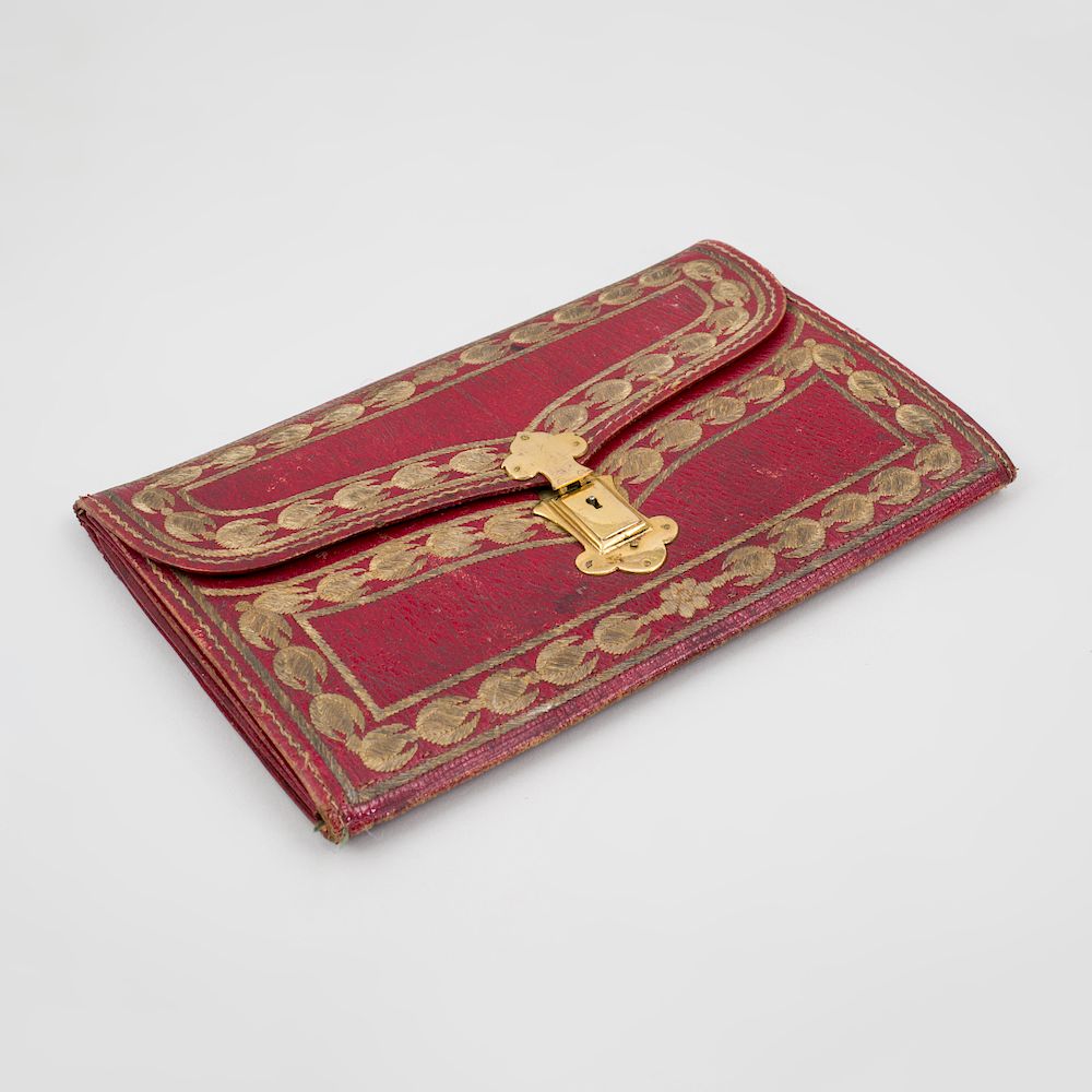 Appraisal: Turkish Gilt-Metal-Mounted and Embroidered Red Leather Clutch Embroidered 'Constantinople '