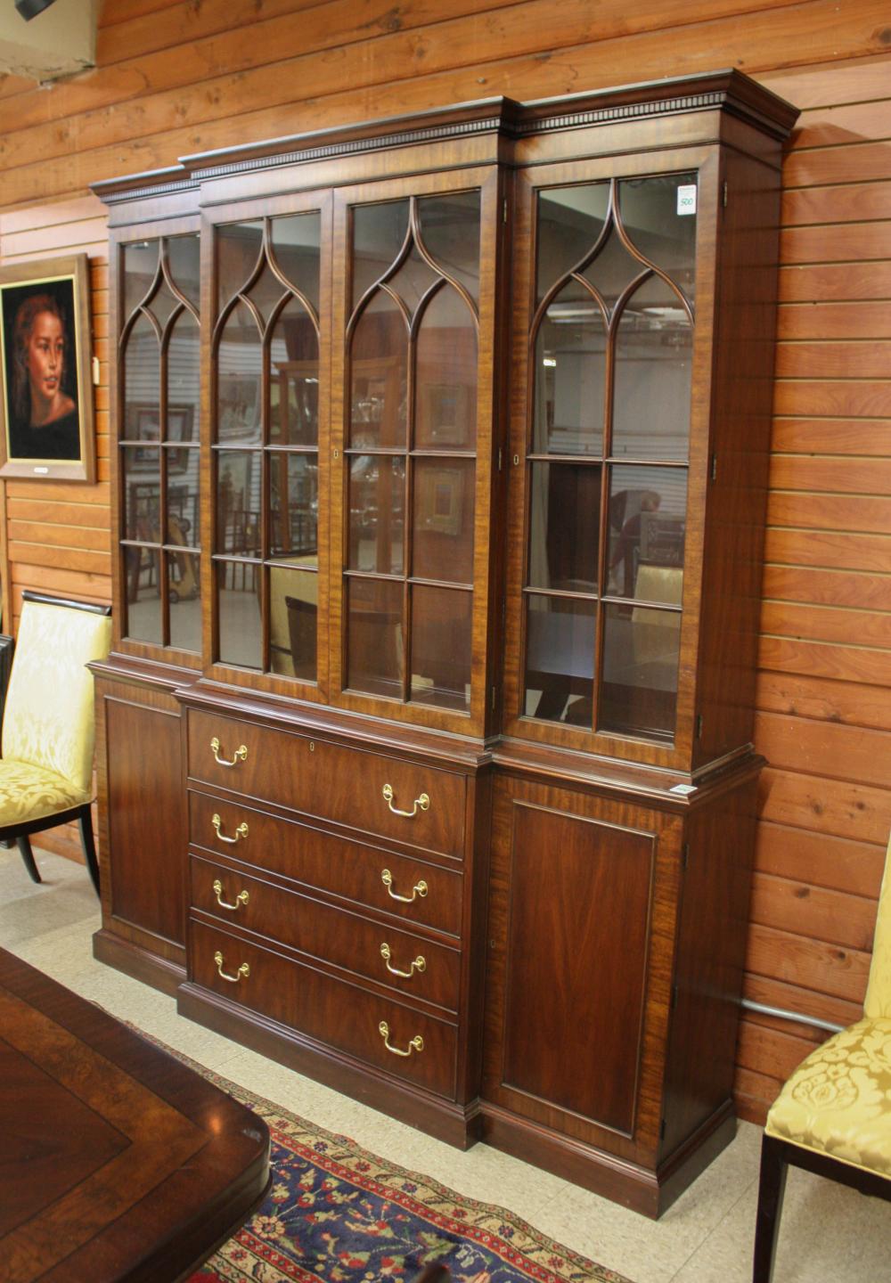 Appraisal: HENKEL-HARRIS FEDERAL STYLE MAHOGANY BREAKFRONT CHINA CABINET ON BUFFET Henkel-Harris