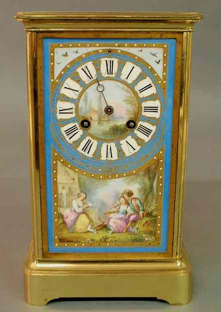 Appraisal: French brass carriage clock th c the colorful porcelain insets