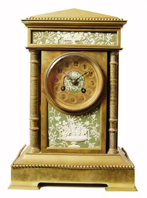 Appraisal: A French brass and jasperware mounted mantel clock the day