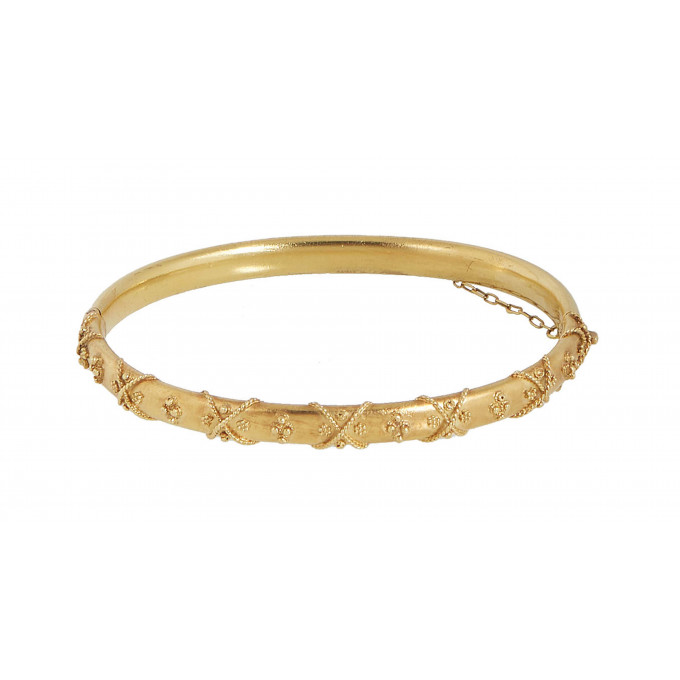 Appraisal: English K Yellow Gold Decorated Hinged Bangle Bracelet c with