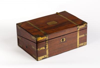 Appraisal: A brass bound work box with fitted interior and drawer