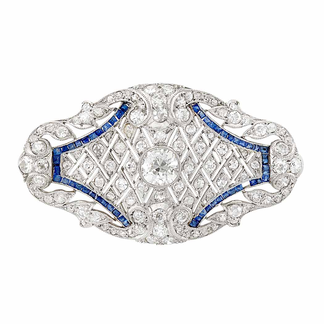 Appraisal: Belle Epoque Platinum Diamond and Simulated Sapphire Brooch One old-European