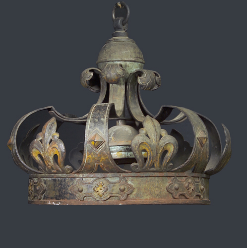 Appraisal: Iron and bronze chandelier crown-shaped hand-hammered with fleur-de-lis decoration x