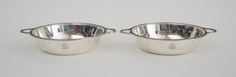 Appraisal: PAIR OF MODERN FRENCH ARMORIAL SILVER TWO-HANDLED BOWLS Profile to