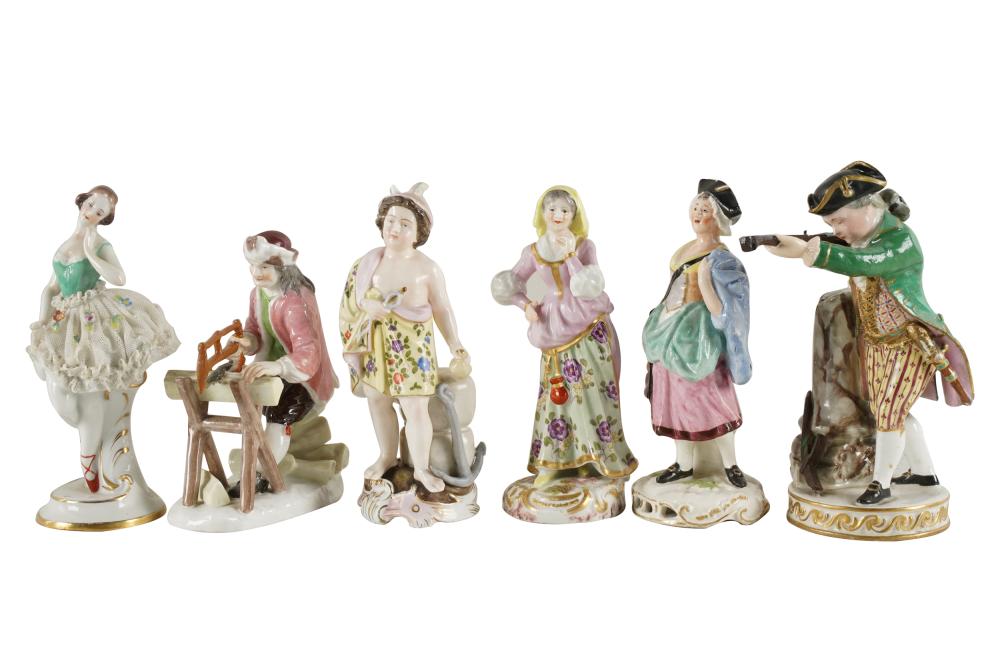 Appraisal: SIX CONTINENTAL PORCELAIN FIGURESvariously marked including one with Meissen blue