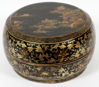 Appraisal: JAPANESE BLACK LACQUER ROUND BOX H DIA The sides having