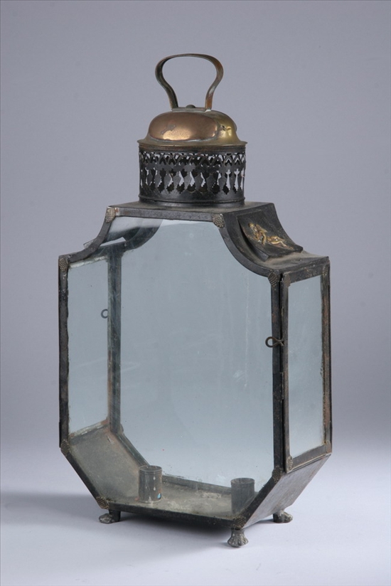 Appraisal: CONTINENTAL BLACK PAINTED TIN AND GLASS CASED TWO-LIGHT LANTERN Circa