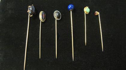 Appraisal: Group of six stick pinsIncluding one lapis stone jade and