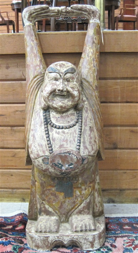 Appraisal: CARVED WOOD HO TAI FIGURE Chinese th century the happy