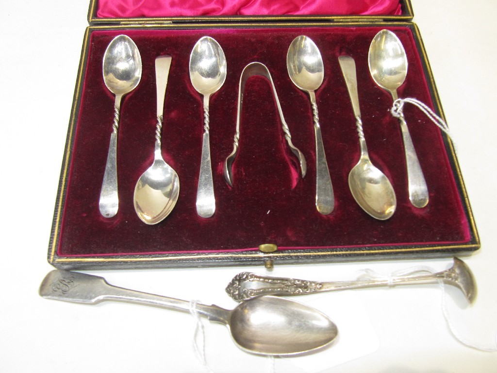 Appraisal: Lot comprising cased set of six silver spoons with tongs