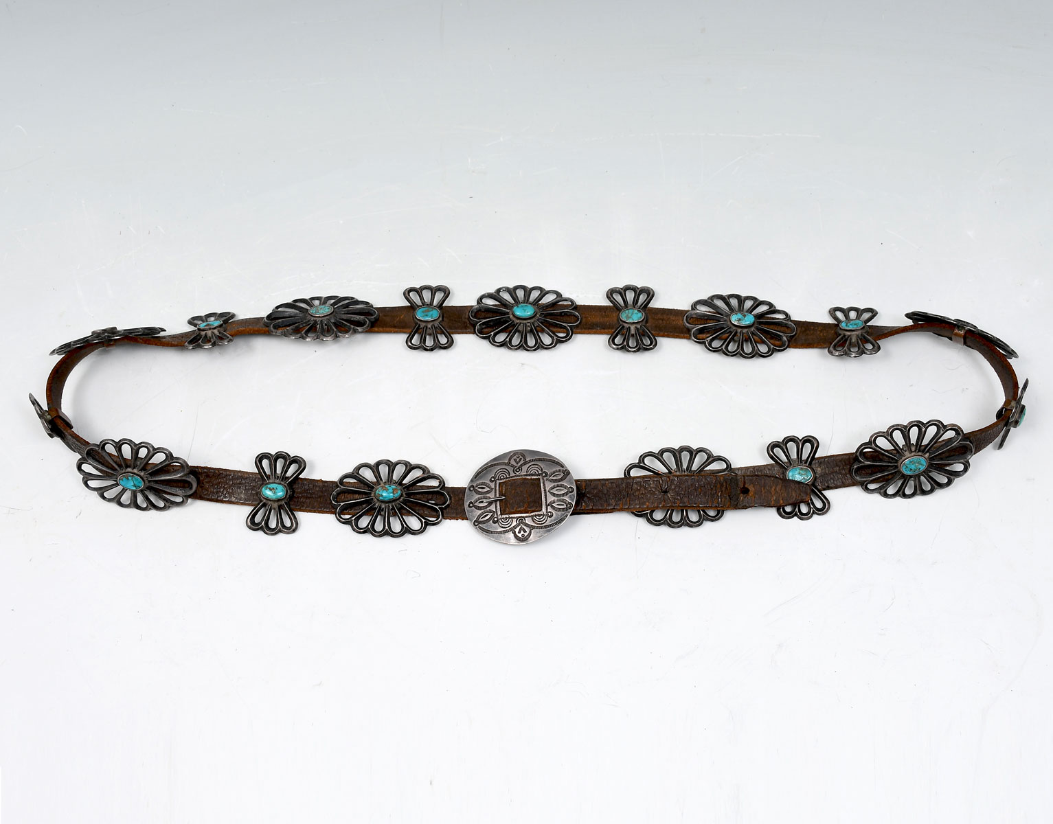 Appraisal: NATIVE AMERICAN INDIAN STERLING TURQUOISE CONCHO BELT Beautiful vintage turquoise