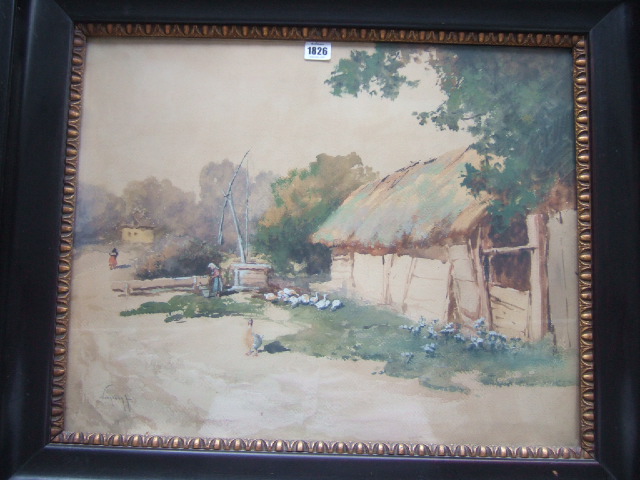 Appraisal: Hungarian School th century Cottage scene watercolour indistinctly signed cm