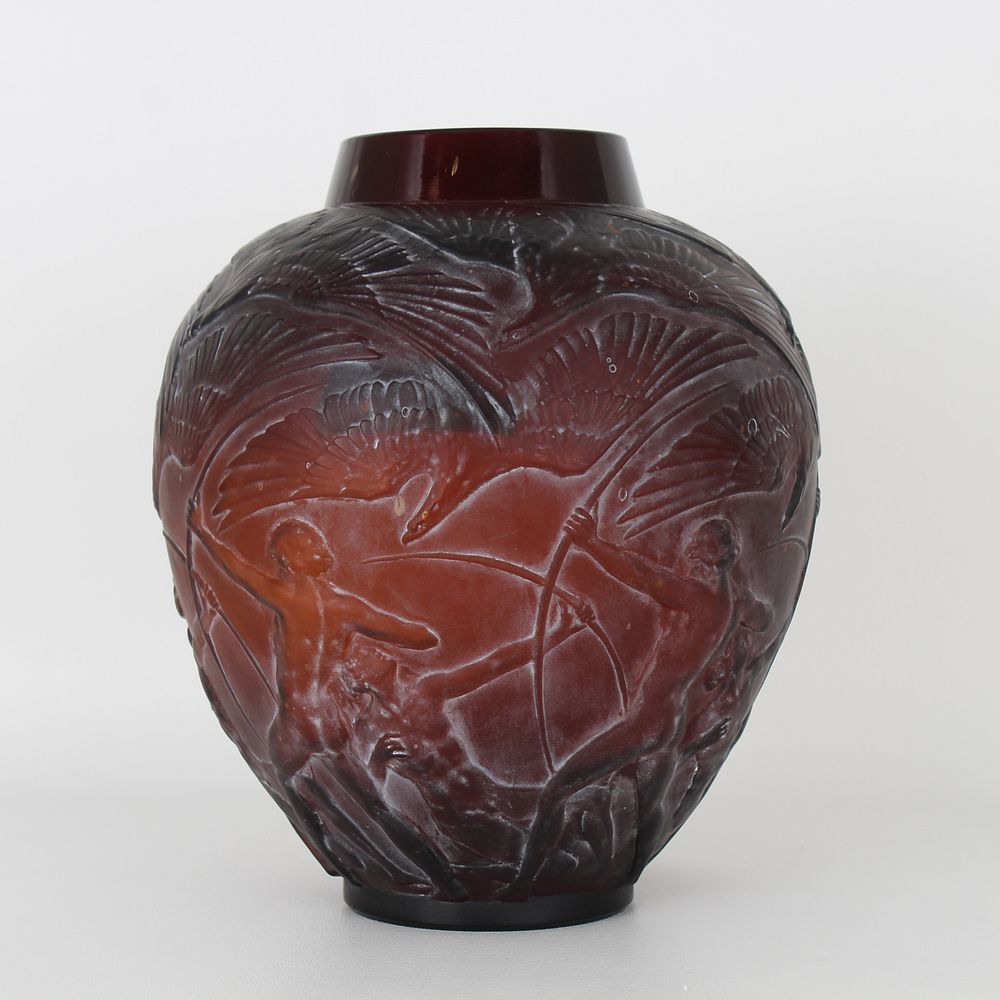 Appraisal: R Lalique Archers Red Amber Glass Vase R LALIQUE Archers