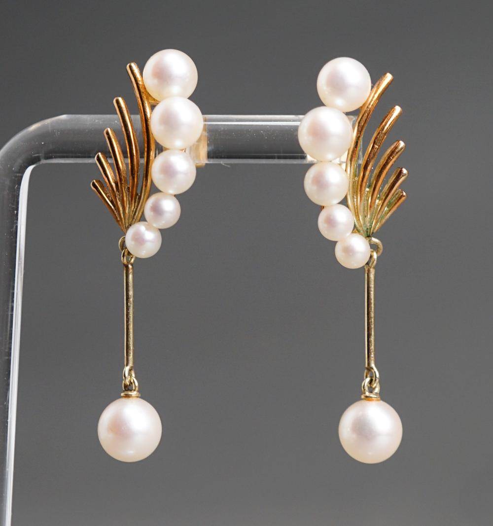 Appraisal: Pair of Mikimoto -Karat Yellow-Gold and Cultured Pearl Drop Pierced