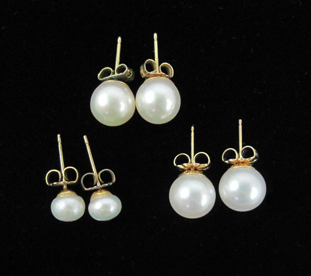 Appraisal: THREE PAIRS OF PEARL AND YELLOW GOLD EAR STUDS pair