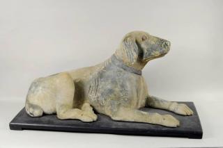 Appraisal: Folk Art Painted Wood Reclining Dog Figure Folk art painted