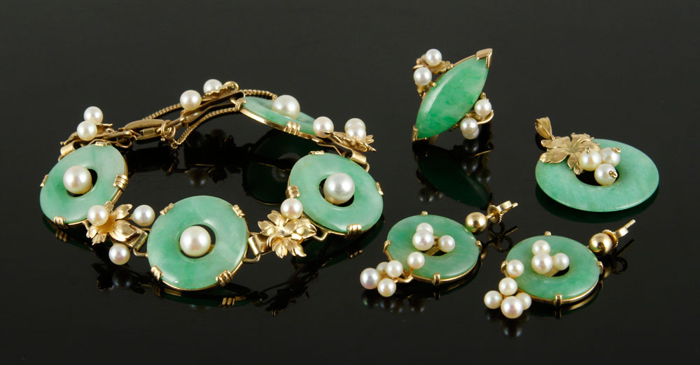 Appraisal: - K Yellow Gold Jade and Pearl Suite K yellow